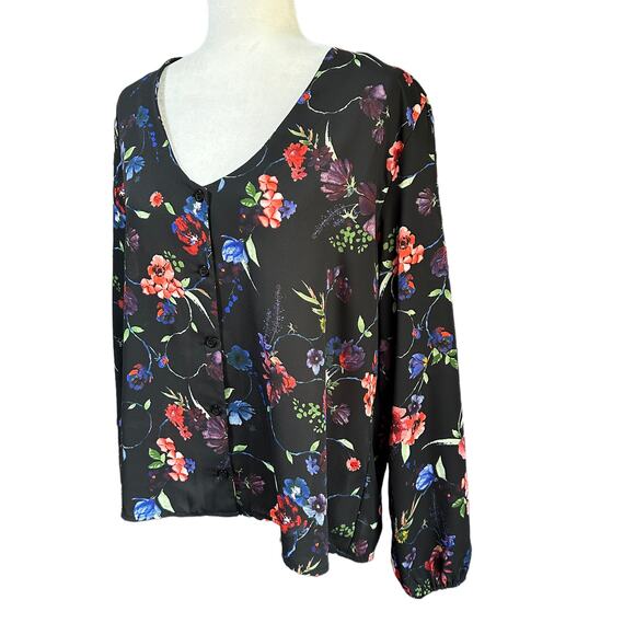 ALLISON JOY Womens Size Large Black Floral Button Down Scoop Neck Blouse - Picture 3 of 6